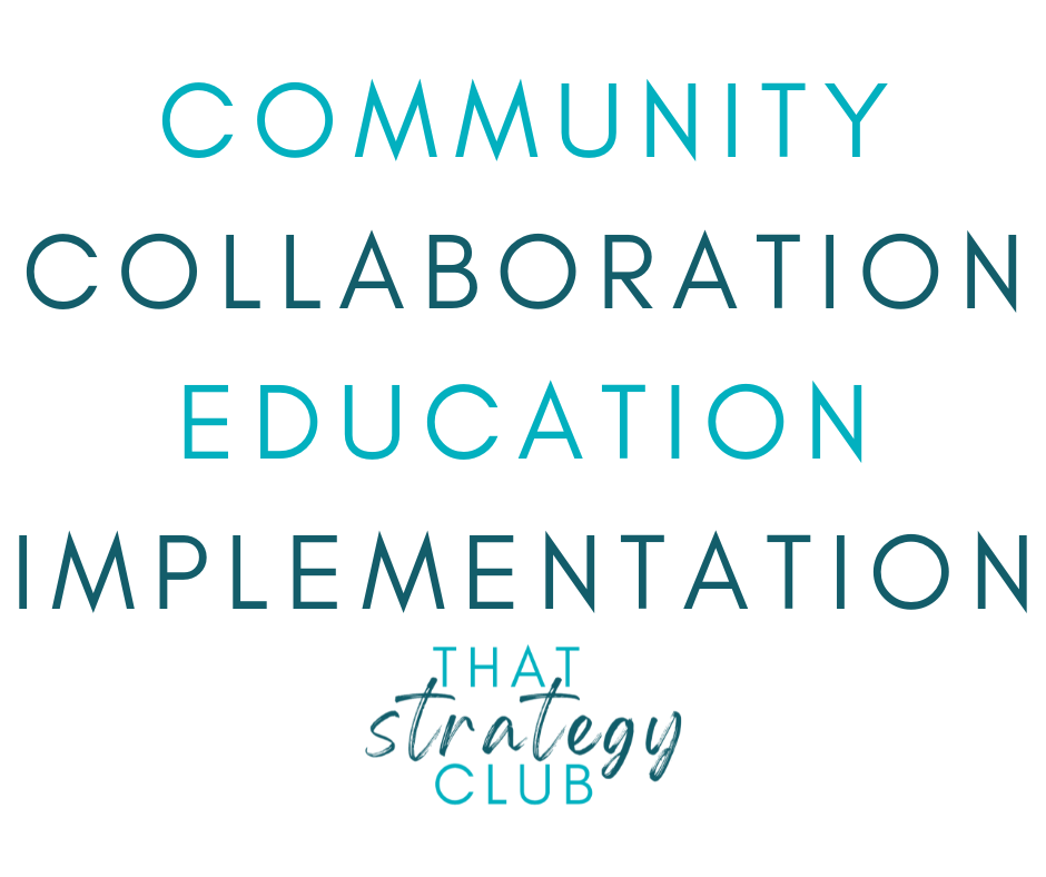 Text 'Community Collaboration Education Implementation That Strategy Club' on a white background