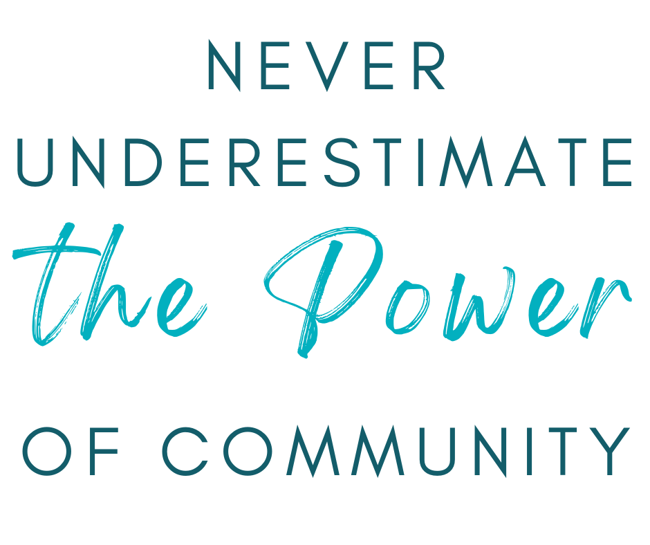 Motivational quote 'Never Underestimate the Power of Community' in teal text on a white background